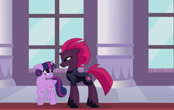 Size: 1024x649 | Tagged: safe, artist:creepyemotionalrantr, fizzlepop berrytwist, tempest shadow, twilight sparkle, twilight sparkle (alicorn), alicorn, my little pony: the movie, female, lesbian, shipping, tempest becomes a royal guard, tempestlight