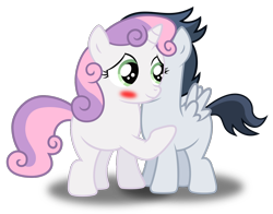 Size: 1738x1365 | Tagged: safe, artist:meandmyideas, rumble, sweetie belle, pony, blushing, female, hug, male, rumbelle, shipping, simple background, smiling, straight, transparent background, vector