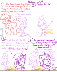 Size: 1280x1611 | Tagged: safe, artist:adorkabletwilightandfriends, spike, twilight sparkle, twilight sparkle (alicorn), oc, oc:marie, alicorn, dragon, pony, comic:adorkable twilight and friends, adorkable twilight, bag, burger, comic, dialogue, embarrassed, fast food, food, freckles, hay burger, lidded eyes, lineart, looking at each other, music notes, salad, slice of life, smiling, sweat, tray, whistling