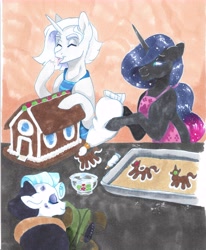 Size: 6920x8405 | Tagged: safe, artist:frozensoulpony, oc, oc only, oc:iolite pie, oc:ollie, oc:pandora, earth pony, pony, unicorn, absurd file size, absurd resolution, apron, clothes, female, gingerbread house, gingerbread pony, icing bag, male, mare, offspring, parent:fleetfoot, parent:maud pie, parent:rare find, parent:svengallop, stallion, traditional art