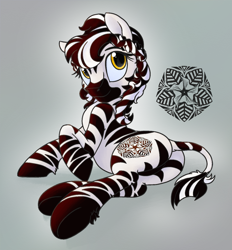 Size: 1327x1430 | Tagged: safe, artist:quartz-poker, oc, oc only, oc:shansai, zebra, cute, cutie mark, female, gray background, looking at you, looking back, mare, on side, plot, raised hoof, simple background, smiling, solo, underhoof, zebra oc