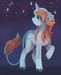 Size: 1232x1514 | Tagged: safe, artist:cherivinca, oc, oc only, oc:star gazer, pony, unicorn, female, leonine tail, mare, night, raised hoof, solo