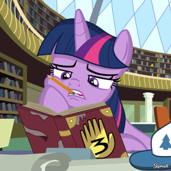 Size: 2000x2000 | Tagged: safe, artist:bepreeh, twilight sparkle, twilight sparkle (alicorn), alicorn, pony, bill cipher, crossover, dipper's hat, gravity falls, hat, journal #3, solo