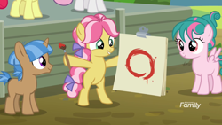 Size: 1920x1080 | Tagged: safe, screencap, apple bloom, kettle corn, mocha berry, sweetie belle, tulip swirl, earth pony, pegasus, pony, unicorn, marks and recreation, bipedal, circle painting, colt, discovery family logo, enso, female, filly, foal, hoof hold, magnetic hooves, male