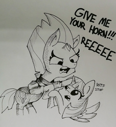 Size: 1301x1433 | Tagged: safe, artist:tjpones, tempest shadow, twilight sparkle, twilight sparkle (alicorn), alicorn, pony, my little pony: the movie, black and white, broken horn, dialogue, duo, grayscale, horn envy, inktober, monochrome, reeee, sketch, traditional art, vulgar, wtf