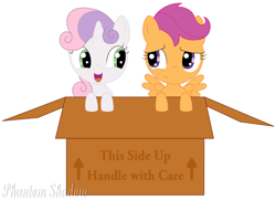 Size: 1280x922 | Tagged: safe, artist:phantomshadow051, scootaloo, sweetie belle, pegasus, pony, unicorn, box, female, filly, lesbian, literal shipping, pony in a box, scootabelle, shipping, simple background, white background