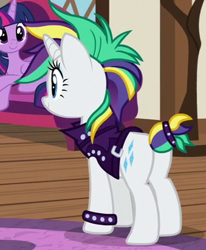 Size: 339x411 | Tagged: safe, screencap, rarity, twilight sparkle, twilight sparkle (alicorn), alicorn, pony, unicorn, it isn't the mane thing about you, alternate hairstyle, bracelet, clothes, cropped, duo, jacket, jewelry, plot, punk, raripunk, rear view, solo focus, three quarter view