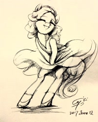 Size: 1843x2296 | Tagged: safe, artist:louislithium, earth pony, pony, semi-anthro, bipedal, clothes, covering, dress, eyes closed, female, head turn, mare, marilyn monroe, monochrome, ponified, pony shoes, shoes, simple background, smiling, solo, the seven year itch, traditional art