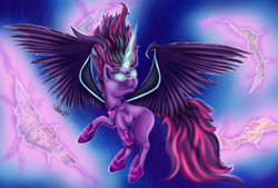 Size: 1139x772 | Tagged: safe, artist:ellen124, midnight sparkle, sci-twi, twilight sparkle, pony, friendship games, equestria girls ponified, glowing horn, horseshoes, ponified, rearing, solo, spread wings, wings