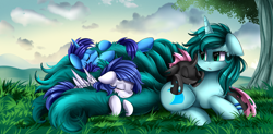 Size: 3717x1824 | Tagged: safe, artist:pridark, oc, oc only, oc:ambient waves, oc:delly, oc:graceful motion, changeling, pegasus, pony, unicorn, changeling oc, cuddling, multiple tails, solo, tree, wings