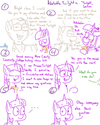 Size: 1280x1611 | Tagged: safe, artist:adorkabletwilightandfriends, twilight sparkle, twilight sparkle (alicorn), oc, oc:francis, alicorn, earth pony, pony, comic:adorkable twilight and friends, ..., adorkable twilight, blushing, china il, comic, desk, dialogue, ear blush, eyes closed, floppy ears, glasses, lidded eyes, lineart, notes, offscreen character, slice of life, smiling, sweat