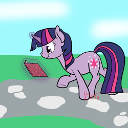 Size: 2500x2500 | Tagged: safe, artist:bennimarru, twilight sparkle, pony, unicorn, atg 2017, book, flat colors, magic, newbie artist training grounds, simple background, solo, walking