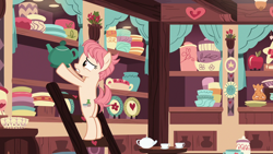 Size: 1280x720 | Tagged: safe, screencap, raspberry vinaigrette, earth pony, pony, discordant harmony, female, ladder, mare, solo, teapot