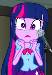 Size: 500x720 | Tagged: safe, screencap, twilight sparkle, twilight sparkle (alicorn), alicorn, equestria girls, rainbow rocks, cropped, microphone, solo, worried