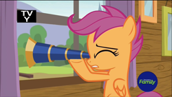 Size: 1320x742 | Tagged: safe, screencap, scootaloo, pegasus, pony, marks and recreation, discovery family logo, female, filly, foal, solo, telescope, tv-y