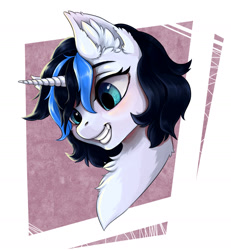 Size: 1484x1609 | Tagged: safe, artist:rokufuro, oc, oc only, oc:mirror image, unicorn, bust, female, grin, horn, mare, portrait, smiling, solo, ych result