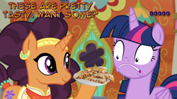 Size: 1366x768 | Tagged: safe, saffron masala, twilight sparkle, twilight sparkle (alicorn), alicorn, pony, coward, dialogue, food, freaking out, kurta, manip, quesadilla, the tasty treat, they're just so cheesy