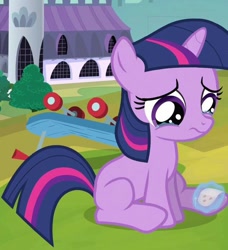 Size: 632x694 | Tagged: safe, screencap, twilight sparkle, pony, unicorn, a canterlot wedding, bandage, cropped, female, filly, filly twilight sparkle, sad, scooter, teary eyes, younger