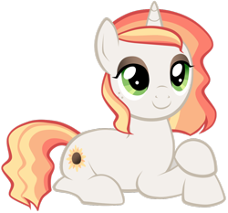 Size: 1024x955 | Tagged: safe, artist:petraea, oc, oc only, oc:sunflower shine, pony, unicorn, female, mare, prone, simple background, solo, transparent background