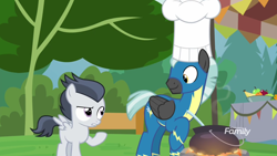 Size: 1920x1080 | Tagged: safe, screencap, rumble, thunderlane, pegasus, pony, marks and recreation, chef's hat, clothes, colt, cooking, discovery family logo, hat, male, raised eyebrow, uniform, wonderbolts uniform