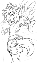 Size: 3062x5193 | Tagged: safe, artist:ralek, oc, oc only, oc:sapphire sights, anthro, black and white, blunt, clothes, ear piercing, gauges, grayscale, gun, handgun, implied drug use, looking back, midriff, monochrome, pants, piercing, pistol, rifle, sagging, shorts, sketch, smoking, sniper, weapon