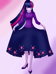 Size: 6000x8000 | Tagged: safe, artist:cynthiaevans, twilight sparkle, human, absurd resolution, bracelet, clothes, curtsey, cutie mark on clothes, dress, eyes closed, gradient background, high heels, humanized, jewelry, long skirt, necklace, ponytail, shoes, skirt