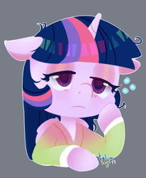 Size: 900x1090 | Tagged: safe, artist:talim_stuff, twilight sparkle, twilight sparkle (alicorn), alicorn, semi-anthro, bathrobe, bust, clothes, female, frown, gray background, groggy, hoof on chin, mare, messy mane, robe, signature, simple background, solo, tired