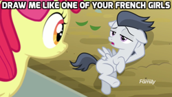 Size: 1024x576 | Tagged: safe, edit, edited screencap, screencap, apple bloom, rumble, pegasus, pony, marks and recreation, caption, colt, discovery family logo, draw me like one of your french girls, image macro, male, meme, rumbloom, shipping, straight