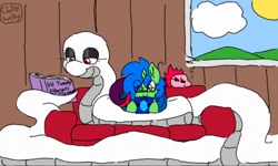 Size: 512x308 | Tagged: safe, artist:chillywilly, oc, oc only, oc:chilly willy, oc:pearl, oc:tupok, snake, tatzlwurm, unicorn, 2ds, glasses, pet, pet oc, pets, playing games, reading, sleeping, sofa, window