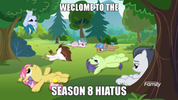 Size: 960x540 | Tagged: safe, edit, screencap, kettle corn, pipsqueak, rumble, skeedaddle, pegasus, pony, marks and recreation, season 8, bored, colt, discovery family logo, forest, hiatus, hype, image macro, male, meme, sad, song in the comments, tree