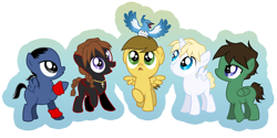 Size: 1200x600 | Tagged: safe, artist:sapphiregamgee, alicorn, bird, earth pony, pegasus, pony, unicorn, anime, colt, crossover, deviantart watermark, duo maxwell, gundam wing, heero yuy, male, obtrusive watermark, ponified, quatre raberba winner, trowa barton, watermark, wufei chang