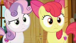 Size: 1320x742 | Tagged: safe, screencap, apple bloom, sweetie belle, marks and recreation, discovery family logo