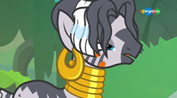 Size: 854x470 | Tagged: safe, screencap, zecora, zebra, a health of information, alternate hairstyle, carousel (tv channel), ear piercing, earring, jewelry, piercing, solo, swamp, swamp fever, wet, wet mane