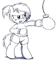 Size: 2790x3000 | Tagged: safe, artist:an-tonio, derpibooru exclusive, oc, oc only, oc:uppercute, pony, bipedal, boxing gloves, clothes, freckles, monochrome, shorts, solo, traditional art