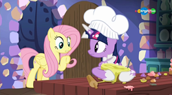 Size: 854x470 | Tagged: safe, screencap, fluttershy, twilight sparkle, twilight sparkle (alicorn), alicorn, pegasus, pony, a health of information, carousel (tv channel), chef's hat, duo, hat
