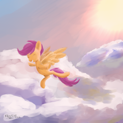 Size: 3000x3000 | Tagged: safe, artist:krecker-cream, scootaloo, pony, cloud, eyes closed, female, filly, flying, high res, scootaloo can fly, sky, solo, spread wings, wings