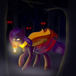 Size: 3000x3000 | Tagged: safe, artist:dino, artist:dinoalpaka, oc, oc only, oc:dawn sentry, bat pony, lamb, sheep, bat wings, cloak, clothes, dark forest, darkness, dirty hooves, female, forest, glowing eyes, glowing eyes of doom, mare, rcf community, solo