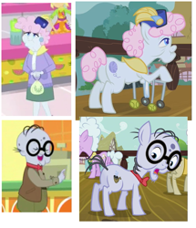 Size: 561x653 | Tagged: safe, mr. waddle, pearly stitch, earth pony, pony, eqg summertime shorts, equestria girls, shake things up!, bowtie, comparison, cropped, elderly, female, glasses, hat, liver spots, male, mare, stallion, walker