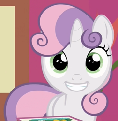 Size: 637x654 | Tagged: safe, screencap, sweetie belle, pony, unicorn, marks and recreation, cropped, cute, diasweetes, female, filly, grin, looking at you, smiling, solo