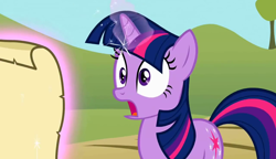 Size: 1280x738 | Tagged: safe, screencap, twilight sparkle, unicorn twilight, pony, unicorn, the return of harmony, female, letter, magic, mare, shocked, solo, surprised, telekinesis