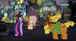 Size: 854x470 | Tagged: safe, screencap, cattail, fluttershy, twilight sparkle, twilight sparkle (alicorn), alicorn, earth pony, pegasus, pony, a health of information, carousel (tv channel), healer's mask, mask, masks, meadowbrook's home, swamp fever