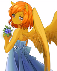 Size: 2480x3071 | Tagged: safe, artist:kirani, oc, oc only, oc:firetale, anthro, pegasus, anthro oc, blushing, bouquet, clothes, dress, female, mare, solo