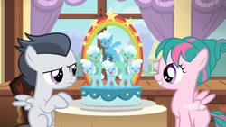 Size: 1920x1080 | Tagged: safe, screencap, rumble, tulip swirl, pegasus, pony, marks and recreation, cake, colt, discovery family logo, food, male