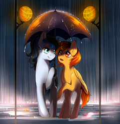 Size: 1500x1555 | Tagged: safe, artist:renaifoxi, oc, oc only, oc:firetale, oc:mirror image, pegasus, pony, unicorn, female, horn, mare, rain, street lights, umbrella, wings