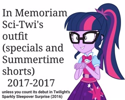 Size: 2560x2048 | Tagged: safe, artist:uponia, sci-twi, twilight sparkle, equestria girls, movie magic, spoiler:eqg specials, clothes, female, glasses, grin, memorial, nervous, nervous grin, ponytail, rest in peace, simple background, skirt, smiling, solo, twilight's sparkly sleepover surprise