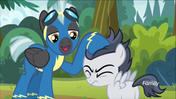 Size: 1320x742 | Tagged: safe, screencap, rumble, thunderlane, pegasus, pony, marks and recreation, brothers, clothes, colt, discovery family logo, male, noogie, uniform, wonderbolts uniform