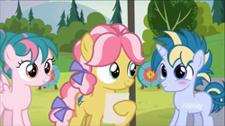 Size: 1320x742 | Tagged: safe, screencap, kettle corn, skeedaddle, tulip swirl, pony, marks and recreation, blushing, discovery family logo, shipping fuel