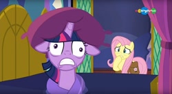 Size: 1676x924 | Tagged: safe, screencap, fluttershy, twilight sparkle, twilight sparkle (alicorn), alicorn, pegasus, pony, a health of information, carousel (tv channel), derp, derplight sparkle, duo, floppy ears, non stick pans, pillow