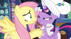 Size: 854x470 | Tagged: safe, screencap, fluttershy, twilight sparkle, twilight sparkle (alicorn), alicorn, pegasus, pony, a health of information, carousel (tv channel), chef's hat, duo, hat