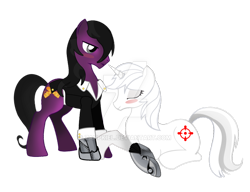 Size: 900x692 | Tagged: safe, artist:zahpkiel, oc, oc only, oc:appletart longshot, oc:motor runner, earth pony, pony, unicorn, fallout equestria, albino, amputee, commission, female, male, mare, oc x oc, prosthetic limb, prosthetics, shipping, simple background, stallion, straight, watermark